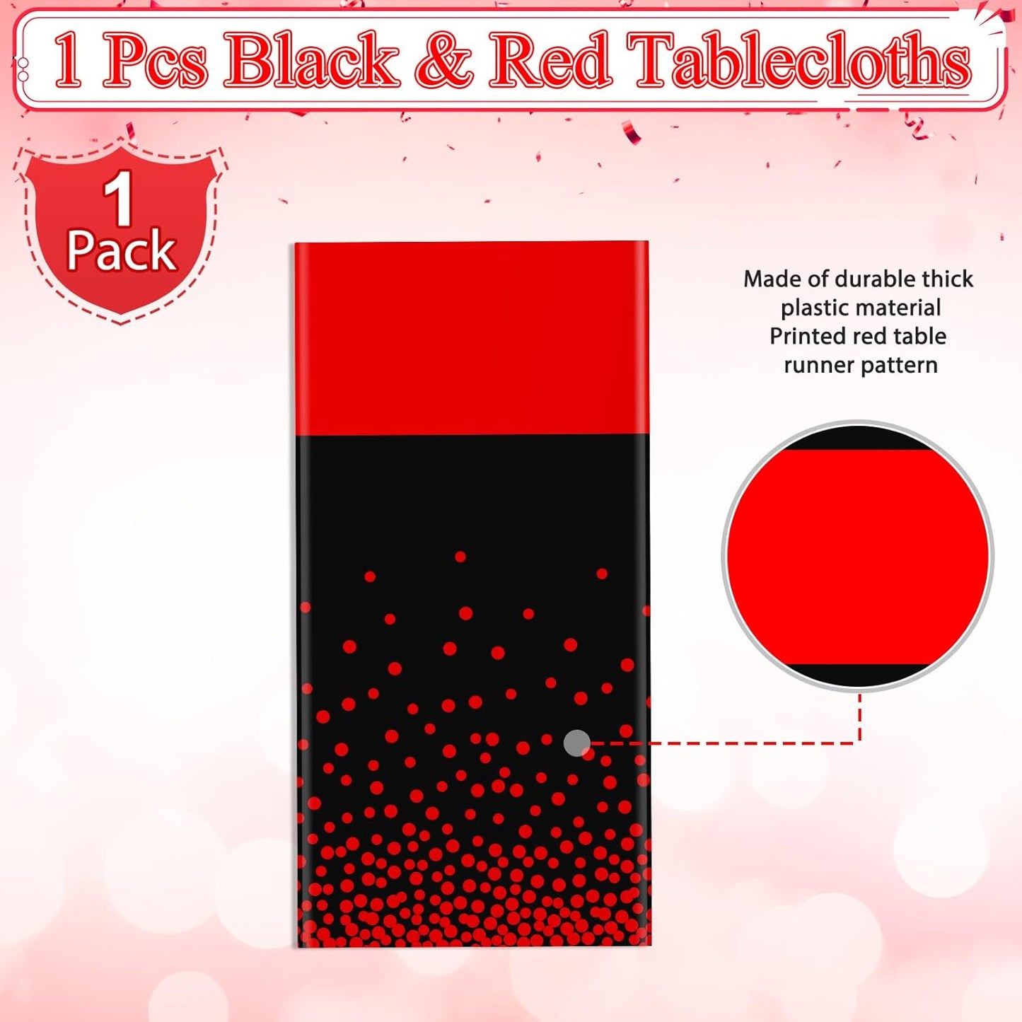 MASHAN 3Pcs Black and Red Tablecloth Party Decorations,Plastic Black Table Cloth Printed Red Table Runner Disposable Rectangle Cover for Birthday Weeding Anniversary Graduation Party,54 x108 Inch