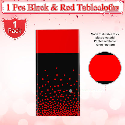MASHAN 3Pcs Black and Red Tablecloth Party Decorations,Plastic Black Table Cloth Printed Red Table Runner Disposable Rectangle Cover for Birthday Weeding Anniversary Graduation Party,54 x108 Inch