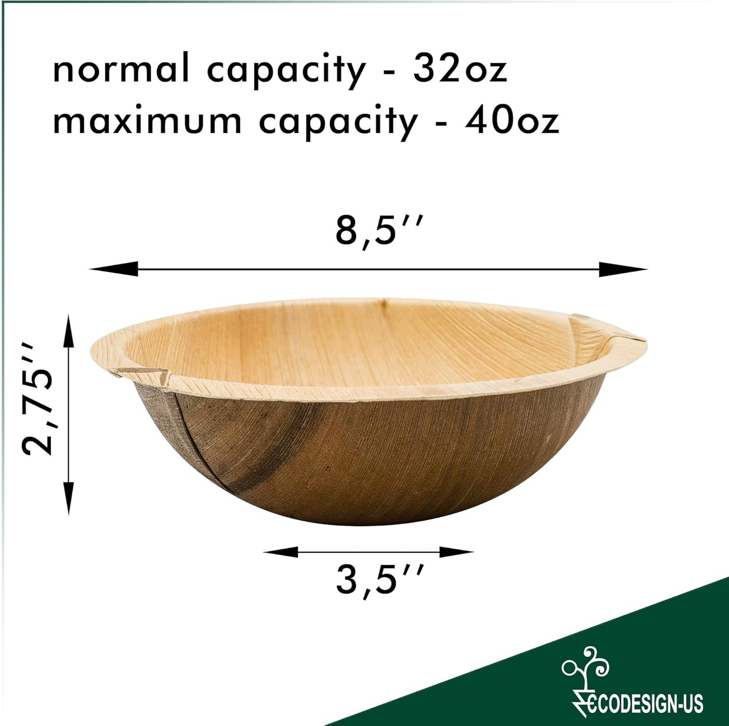40 oz Palm Leaf Serving Bowls - 8 Natural Disposable Deep Bowls - Rustic-Style Dinnerware for Parties and Catering - Palm Leaf Alternative to Bamboo Plates