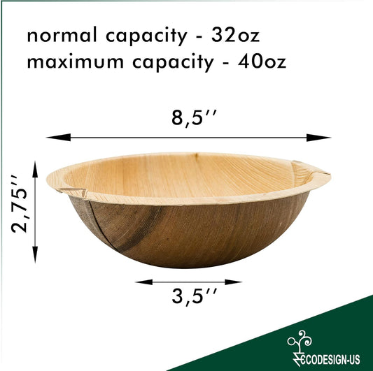 40 oz Palm Leaf Serving Bowls - 8 Natural Disposable Deep Bowls - Rustic-Style Dinnerware for Parties and Catering - Palm Leaf Alternative to Bamboo Plates