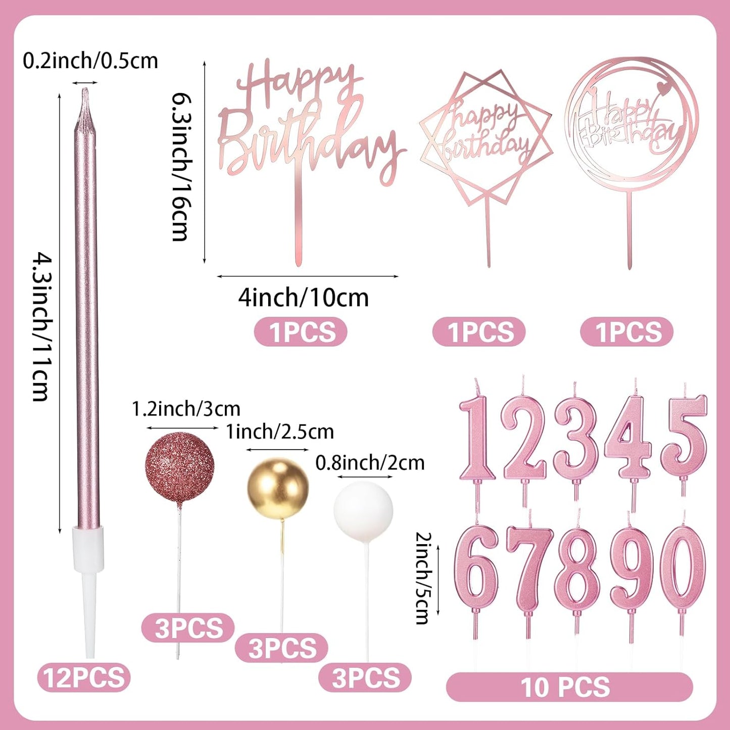 Yerliker 34 Pcs Happy Birthday Cake Toppers Decorations Birthday Candles DIY Cake Decor for Men Women Wedding Anniversary(Gold)