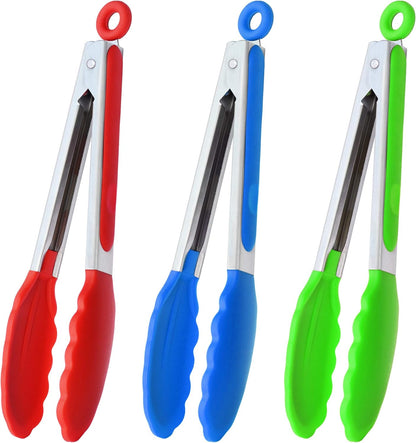 HINMAY Serving Tongs 9-Inch Cooking Tongs with Silicone Tips, Set of 3 (Black)