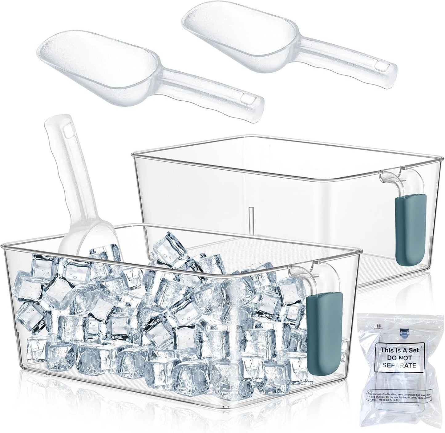 Havawish Ice Storage Bin and Flexible Scoop Set Plastic Freezer Bin with Pull Out Handle Storage Bucket Clear for Container with Scoop(Grey,10.83 x 4.92 x 4.33 in,Classic)