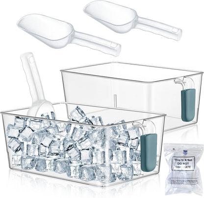 Havawish Ice Storage Bin and Flexible Scoop Set Plastic Freezer Bin with Pull Out Handle Storage Bucket Clear for Container with Scoop(Grey,10.83 x 4.92 x 4.33 in,Classic)