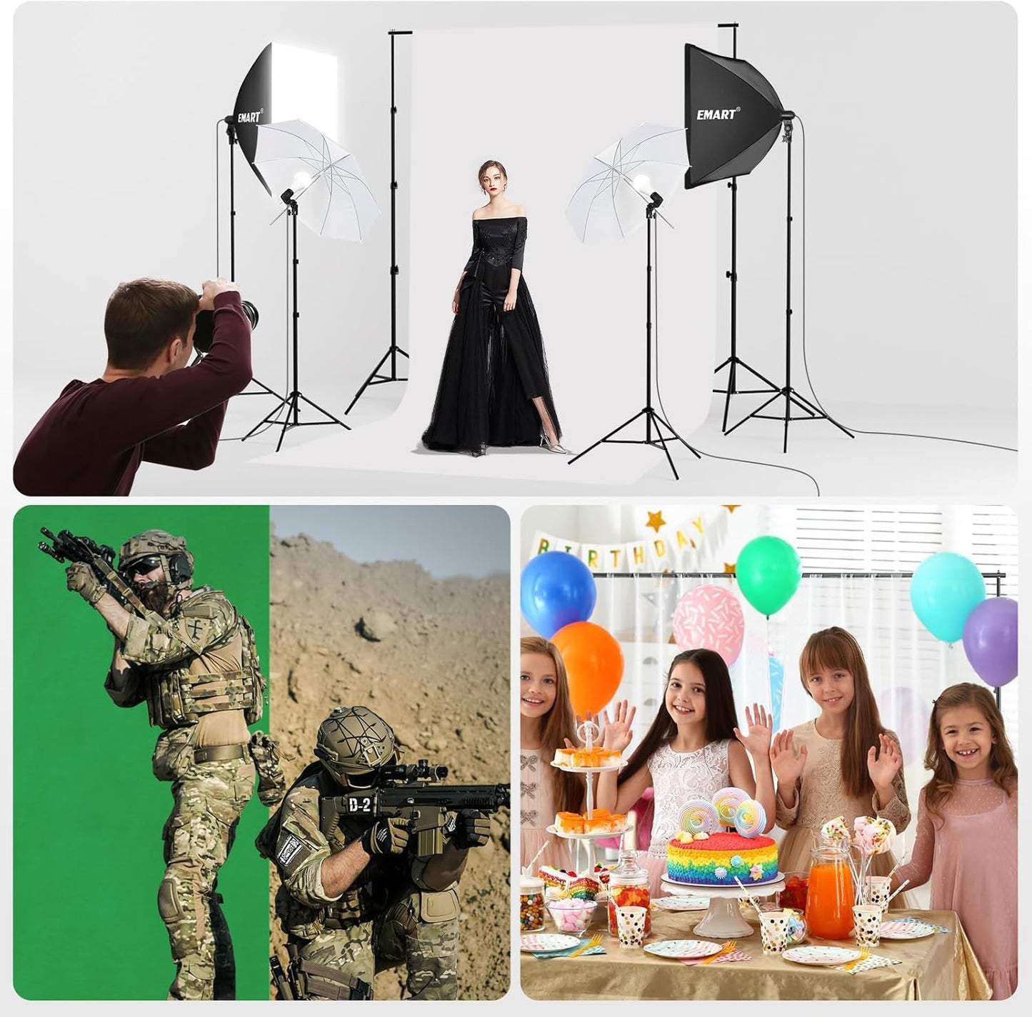EMART 8.5 x 10 ft Backdrop Support System, Professional Photography Lighting Kit with 5500K 50W LED, 6 * 9ft Backdrop *3, Reflector,Umbrellas&Softbox Lighting Kit for Studio, Portrait, Video Shooting