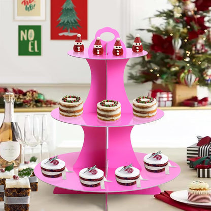 Soleebee 3-Tier Round Cupcake Stand, Cardboard Cupcake Tower, Dessert Cup Cake Stand Tower for Birthday Wedding Party Decoration, Cupcake Tier Stand 1 Set (Hot Pink)