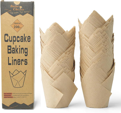 Bake Choice 200pcs Natural Tulip Cupcake Liners for Baking Cups Unbleached European Parchment paper Tulip Muffin Liners, Cupcake Wrapper for Party, Christmas