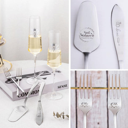 Wedding Cake Knife and Server Set, Bride Groom Mr and Mrs Champagne Flutes Glasses, Cake Cutting Set for Wedding with Forks, Bridal Shower Gifts Wedding Anniversary Engagement Gifts