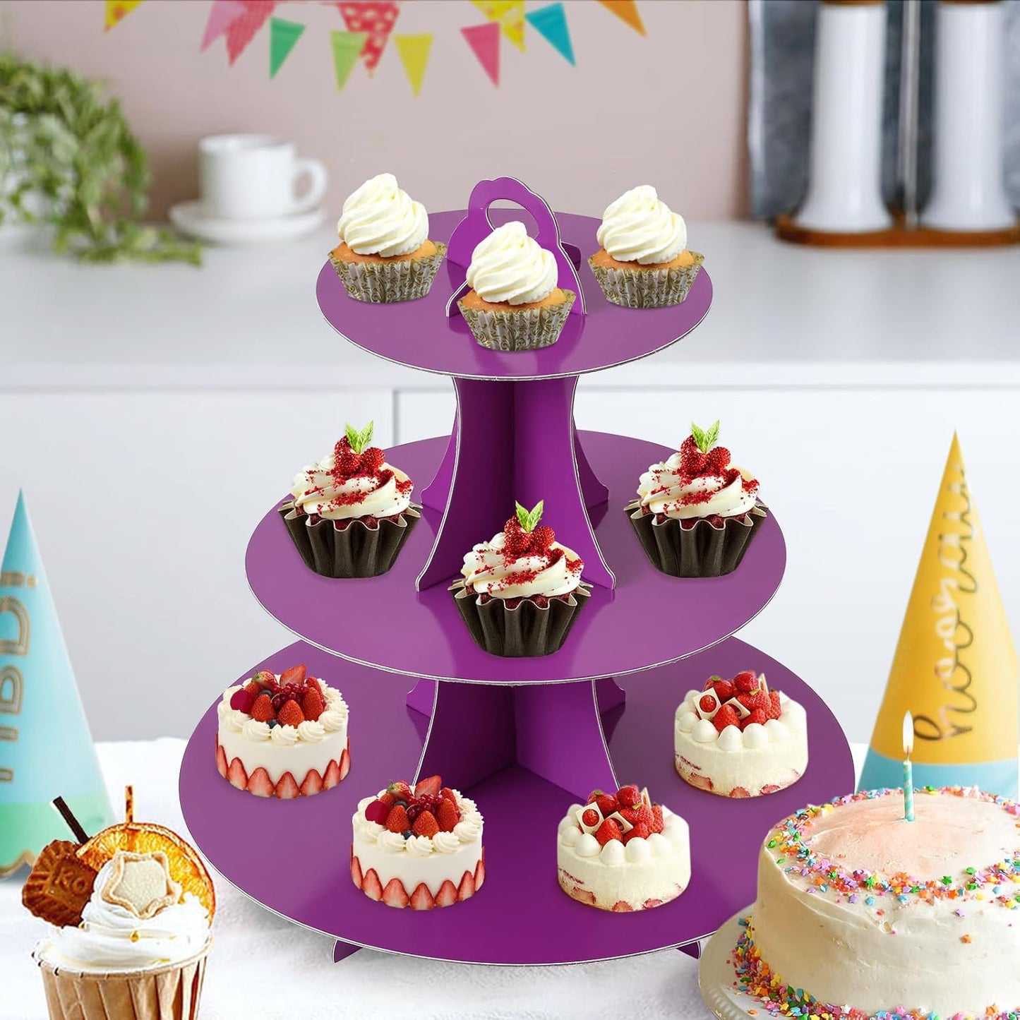 Soleebee 3-Tier Round Cupcake Stand, Cardboard Cupcake Tower, Dessert Cup Cake Stand Tower for Birthday Wedding Party Decoration, Cupcake Tier Stand 1 Set (Hot Pink)
