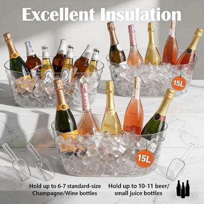 2 PCS Ice Buckets for Parties, 15L Large Ice Bucket, 4 Gallon Champagne Bucket with Scoops, Beverage Tub Mimosa Bar Supplies for Champagne, Beer, Cocktail