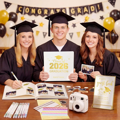 Pajean Graduation Guest Book Set Class of 2026 Memory Scrapbook with Photo Guest Book Sign Dual Tip Pens Photo Corner Stickers Grad Cap Stickers for Grad Party Decorations Supplies Gifts (Black)