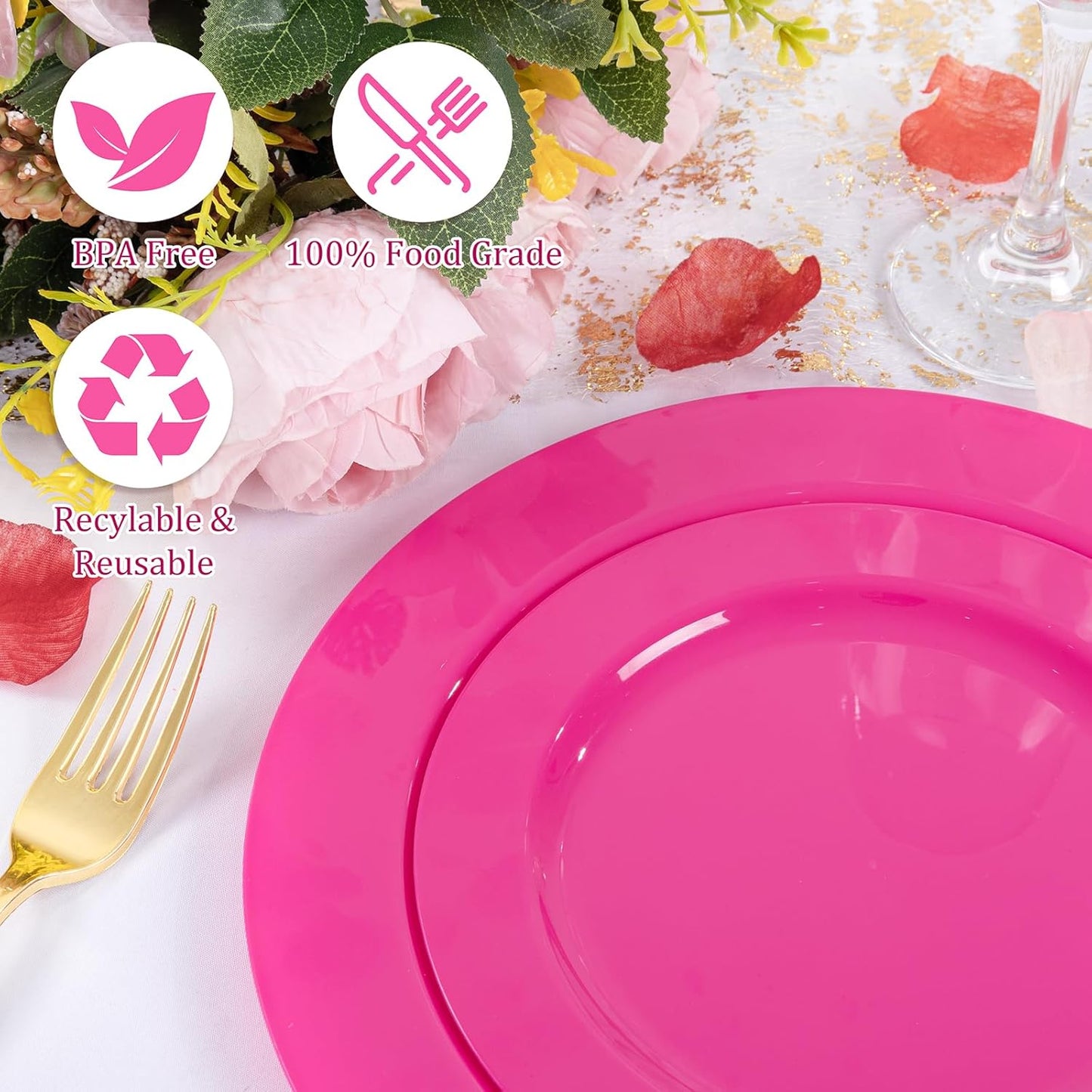 FLOWERCAT 60PCS White Plastic Plates - Heavy Duty White Disposable Plates for Mother's Day/Birthday Party/Wedding -serve for 30 guests Include 30PCS 10.25" & 30PCS 7.5" Plates for Party