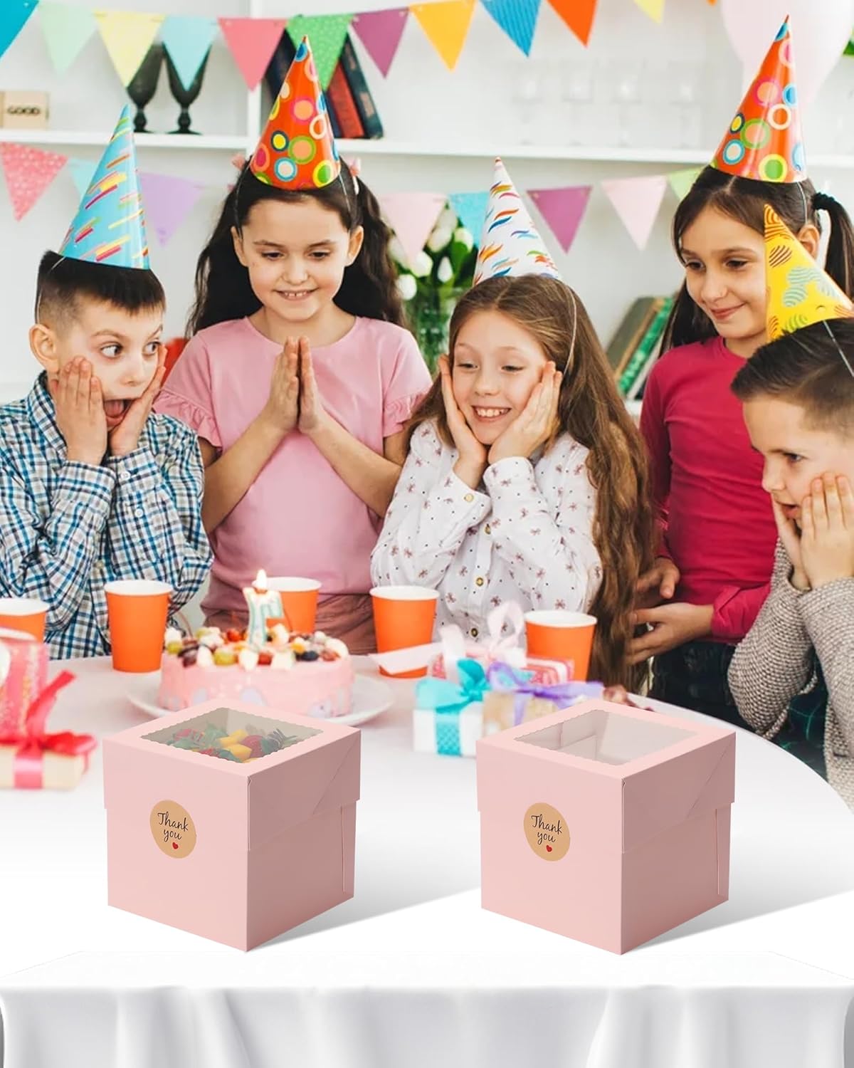COTOPHER 4Pcs 6x6x6 Inches Mini Cake Boxes, Pink Square Bakery Boxes with Window, Small Cake Containers for Pastries, Cookies, Chocolates, Cupcakes, Birthday Party Cajas Pasteles
