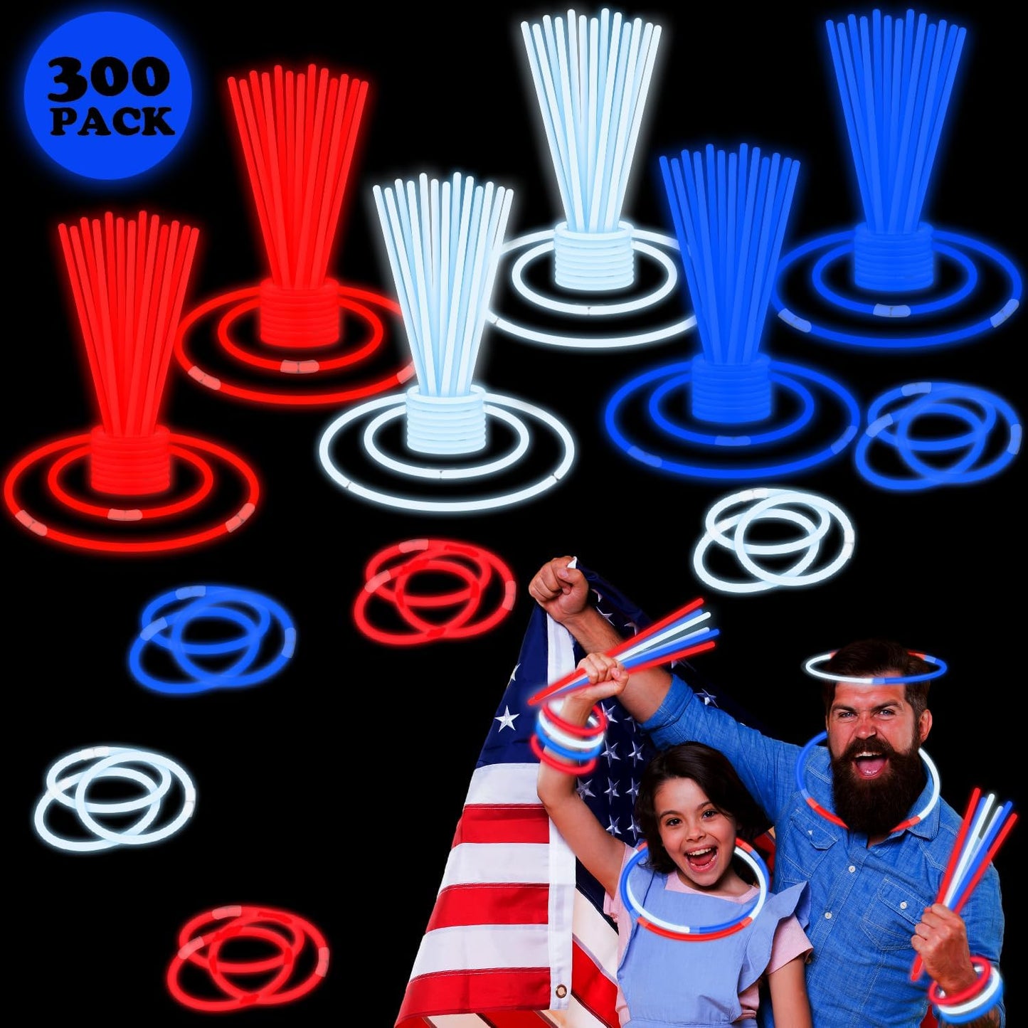 Bulk Patriotic Red White Blue glow sticks 300 PCS,Light up Bracelets Necklaces Accessories for Kids,Glow Party Favors Supplies Decorations for Independence Day, Fourth 4 of July Parade, Birthday, Pool