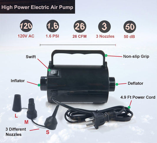 Artigarden Electric Air Pump Portable 460W Quick-Fill Air Pump Air Flow 45CFM 2.1PSI with Hose 5 Nozzles 120V AC Inflator Deflator Pump for Air Mattress Air Bed Inflatable Cushion Boat Swimming Ring
