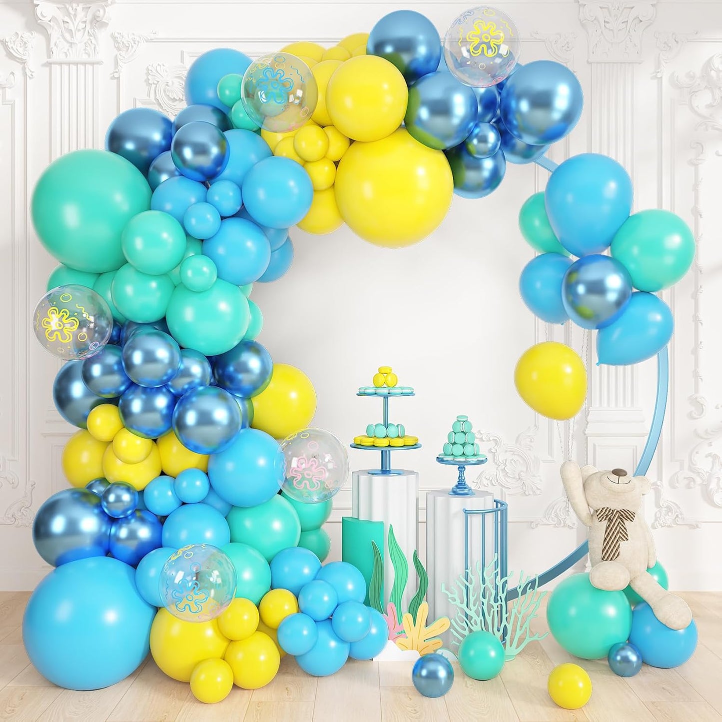 Amandir 153pcs Purple Blue Pink Balloon Garland Arch Kit, Different Sizes 18 12 10 5 inch Teal Yellow Latex Metallic Confetti Balloons for Magic Birthday Engagement Party Decoration