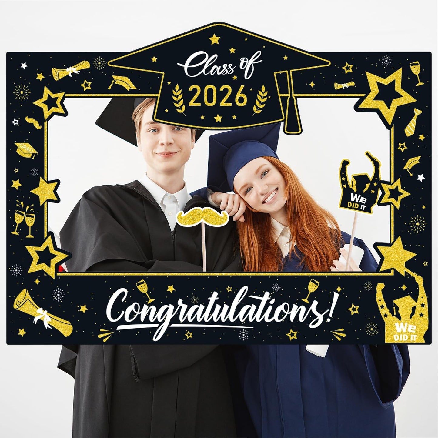 Graduation Decorations Class of 2026 Photo Booth Props - Blue and Gold 2026 Graduation Frame & Photo Props Congrats Grad Class of 2026 Decor for Graduation Party Supplies