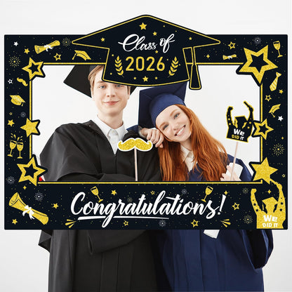 Graduation Decorations Class of 2026 Photo Booth Props - Blue and Gold 2026 Graduation Frame & Photo Props Congrats Grad Class of 2026 Decor for Graduation Party Supplies