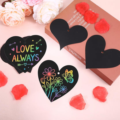 ShioShin 42 Pack Valentine's Day Rainbow Scratch Paper, DIY Rainbow Scratch Art, Scratch Art Party Favors with Wooden Styluses and Pieces Ribbons, Valentines Crafts for Creative Gifts Holiday Decor