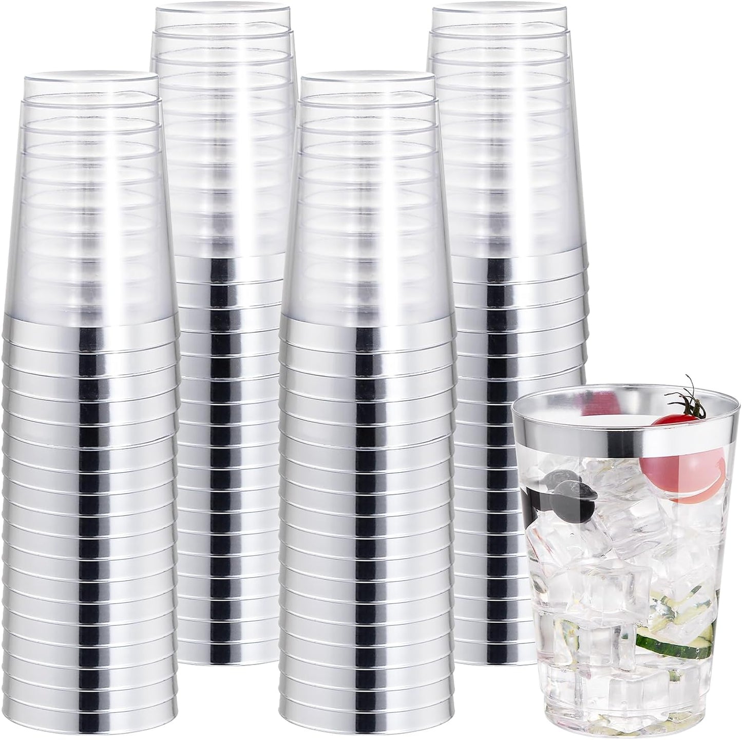 I00000 100 Pack 12 oz Gold Plastic Cups, Gold Rimmed Disposable Cups, Disposable Wine Glasses Cocktail Glasses Premium Cup with Golden Rim, 12 Ounce Plastic Tumblers for Party & Wedding
