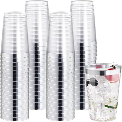 I00000 100 Pack 12 oz Gold Plastic Cups, Gold Rimmed Disposable Cups, Disposable Wine Glasses Cocktail Glasses Premium Cup with Golden Rim, 12 Ounce Plastic Tumblers for Party & Wedding