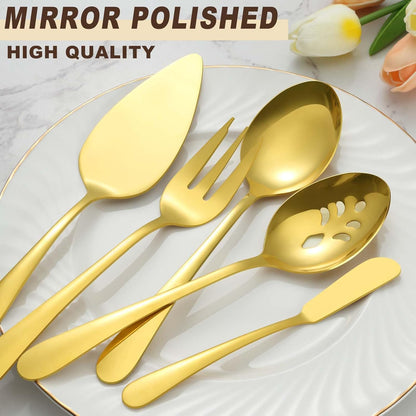 BEWOS Serving Utensils, 20-Piece Large Serving set, Serving Spoons, Slotted Spoons, Serving Tongs & Forks, Cake Server, Butter Knife, Stainless Steel Serving Utensils Set for Parties, Dishwasher Safe