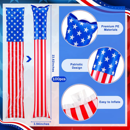 Foilswirl 100 Pcs Inflatable Cheer Sticks USA Flag Thunder Boom Sticks Patriotic Cheerleading Spirit Noise Makers for Soccer Games Sports Events 4th of July Parades Carnival Party Supplies