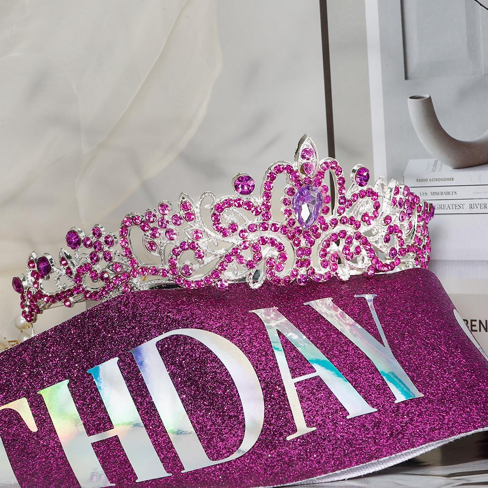 Birthday Sash for Women,Birthday Crown Tiaras for Women,Gold Rhinestone Queen Sash and Crown Tiara Headband for Party Decorations