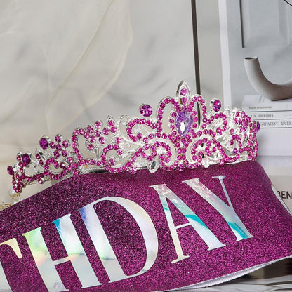 Birthday Sash for Women,Birthday Crown Tiaras for Women,Gold Rhinestone Queen Sash and Crown Tiara Headband for Party Decorations
