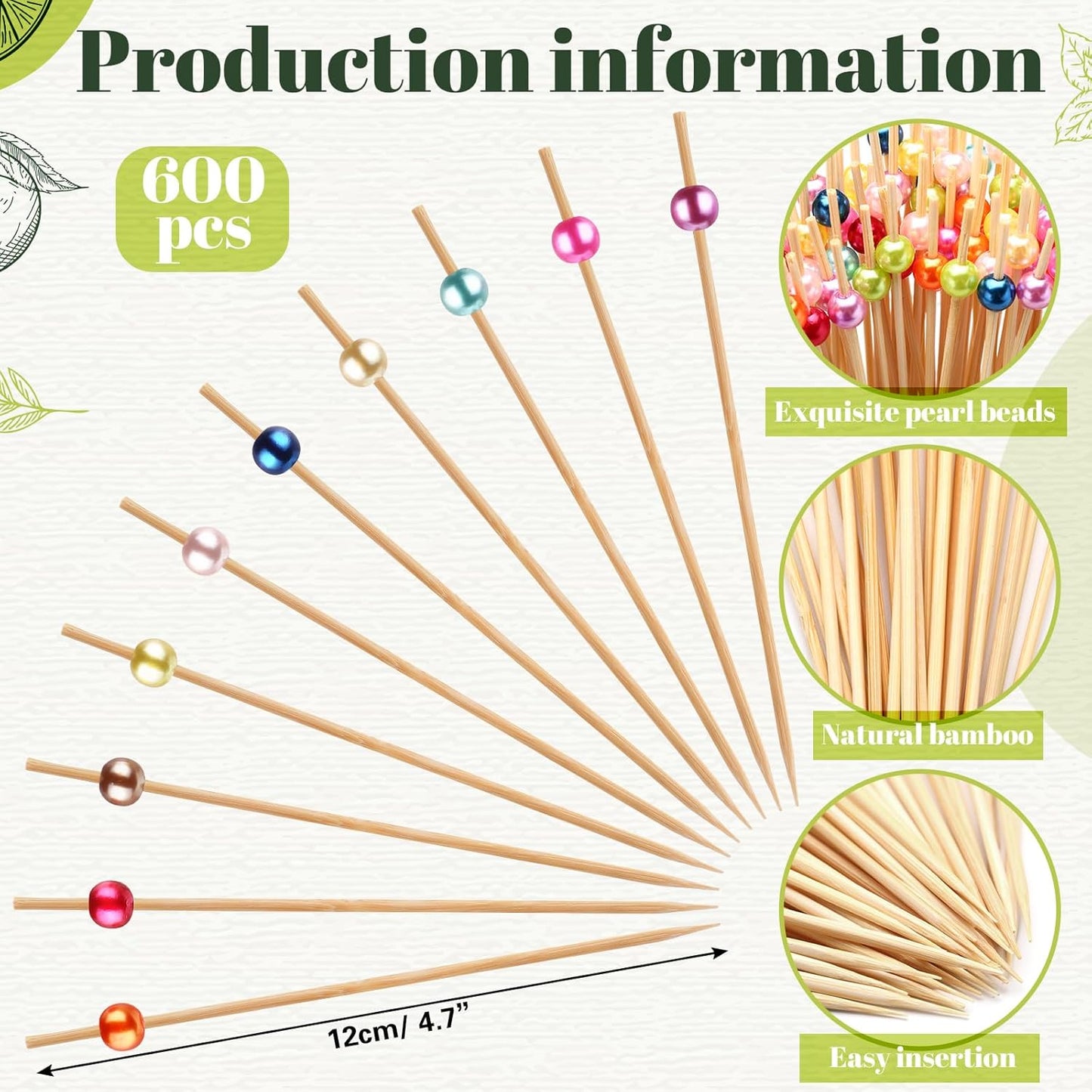 Reallnaive 600 Pcs Cocktail Pick Pearl Fancy Toothpick for Appetizer 4.7 Inch Long Skewer for Drink Fruit Food Bamboo Stick Wedding Bridal Shower Decoration Charcuterie Accessories (White)