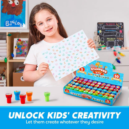 JOYIN 50 Pcs Assorted Stamps for Kids - Self-Ink Stamps with 50 Designs for Birthday Party Favor, Carnival Prizes, School Stampers, Goodie Bag, Classroom Treasure Box Toys (Zoo, Holiday Stampers)