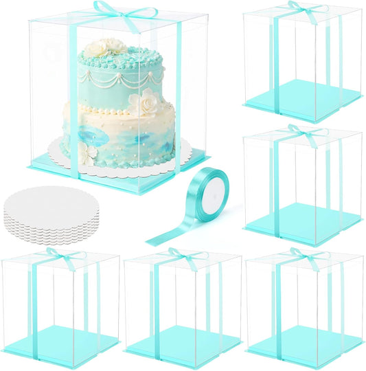 Watersay 6 Pack Large Clear Cake Box with Round Cake Boards and Ribbon Taller Box Carrier Tiered Transparent Gift Container with Lid & Board for Birthday Wedding Festival Party(Pink,30x30x33cm)