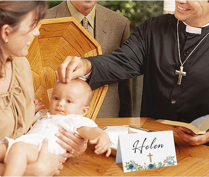 24 Pcs Baptism Place Cards, Baptism Themed Buffet Food Labels and Tent Name Cards for Newborn Baby Shower Party Table Setting Decorations Supplies (White)