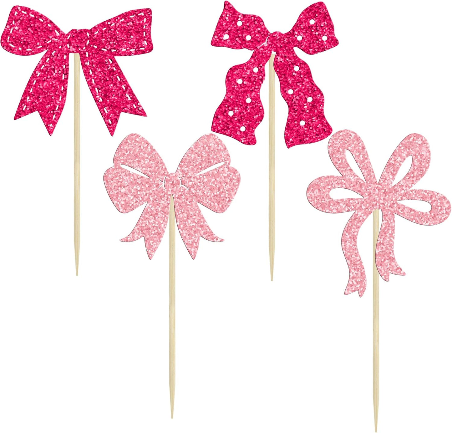 Ephlyn 24Pcs Pink Bow Cupcake Toppers Bow Birthday Cake Topper Girls Birthday Party Decorations Bowknot Cupcake Decorations for Bridal Wedding Themed Party Multi