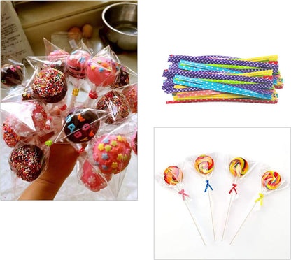 300PCS Lollipop Cake Pop Treat Bag Set Including 100pcs Parcel Bags, Papery Treat Sticks, Gold Metallic Twist Ties for Making Candies, Chocolates and Cookies