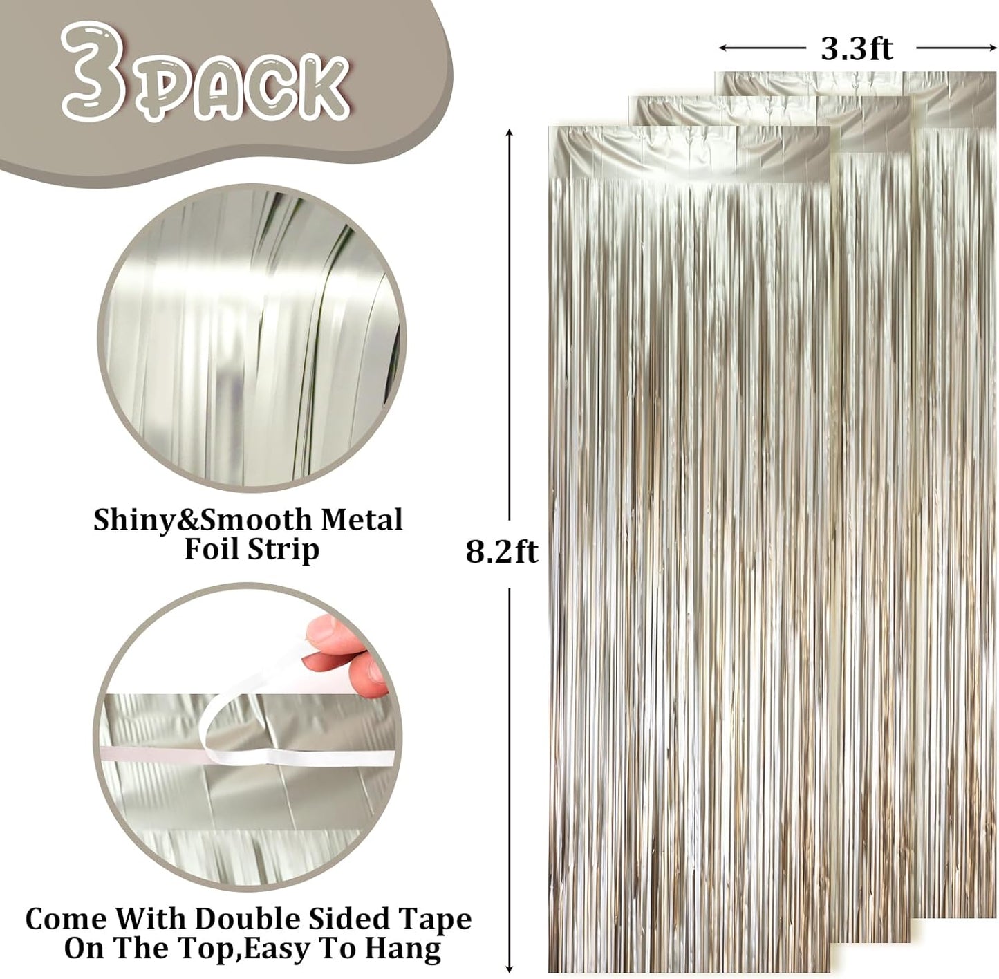 Voircoloria 3 Pack 3.3x8.2 Feet Gold Foil Fringe Backdrop Curtains, Tinsel Streamers, Fringe Backdrop for 2025 New Years Eve, Graduation, Birthday, Baby Shower, Gender Reveal, Disco Party - Colors B