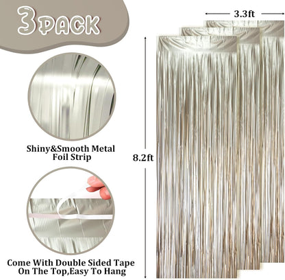 Voircoloria 3 Pack 3.3x8.2 Feet Gold Foil Fringe Backdrop Curtains, Tinsel Streamers, Fringe Backdrop for 2025 New Years Eve, Graduation, Birthday, Baby Shower, Gender Reveal, Disco Party - Colors B
