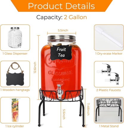 1 Gallon Glass Drink Dispensers, 2 Pack Clear Beverage Dispenser with Stand and Spigot for Parties, Drink Dispenser with Ice Core and Sticker for BBQ, Picnic, Lemonade Dispenser