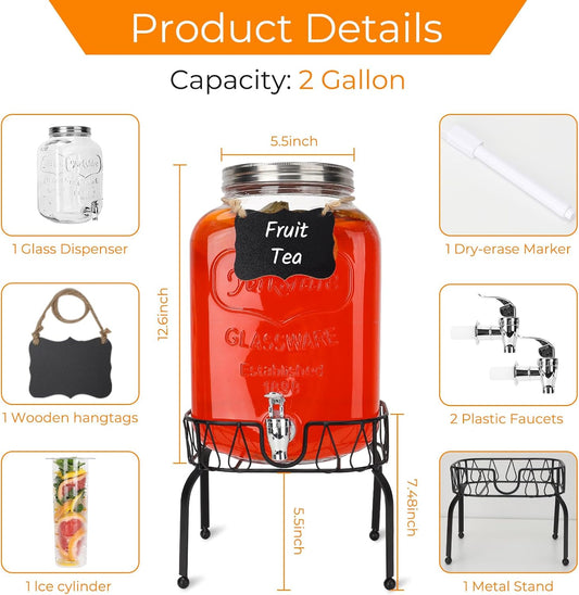 1 Gallon Glass Drink Dispensers, 2 Pack Clear Beverage Dispenser with Stand and Spigot for Parties, Drink Dispenser with Ice Core and Sticker for BBQ, Picnic, Lemonade Dispenser