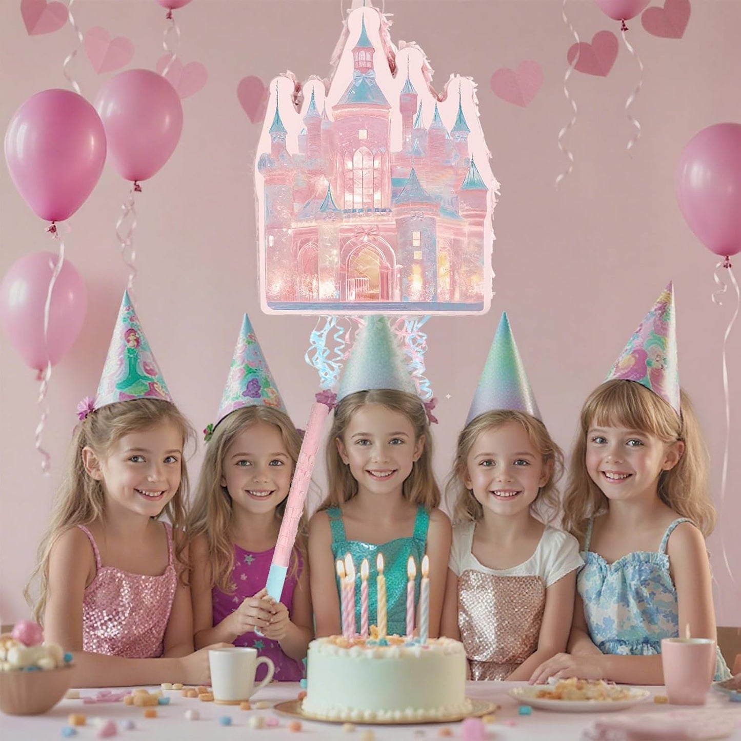 Princess Castle Pinata Set - Coquette Pink Castle Pull String Piñata with Blindfold and Stick for Girls Princess Themed Birthday Party Decorations, Winter Fairy Piñata (16.5 x12.4'')