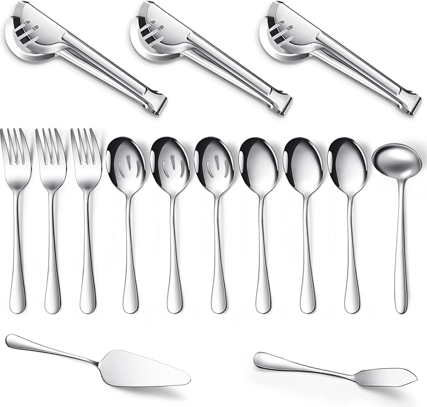Patelai Serving Utensils Set Include Stainless Steel Large Spoons Slotted Spoons Forks Tongs Soup Ladle and Pie Server for Parties Buffet Catering, Dishwasher Safe(Silver,10 Pieces)