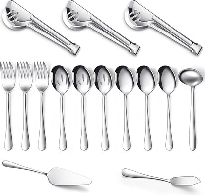 Patelai Serving Utensils Set Include Stainless Steel Large Spoons Slotted Spoons Forks Tongs Soup Ladle and Pie Server for Parties Buffet Catering, Dishwasher Safe(Silver,10 Pieces)