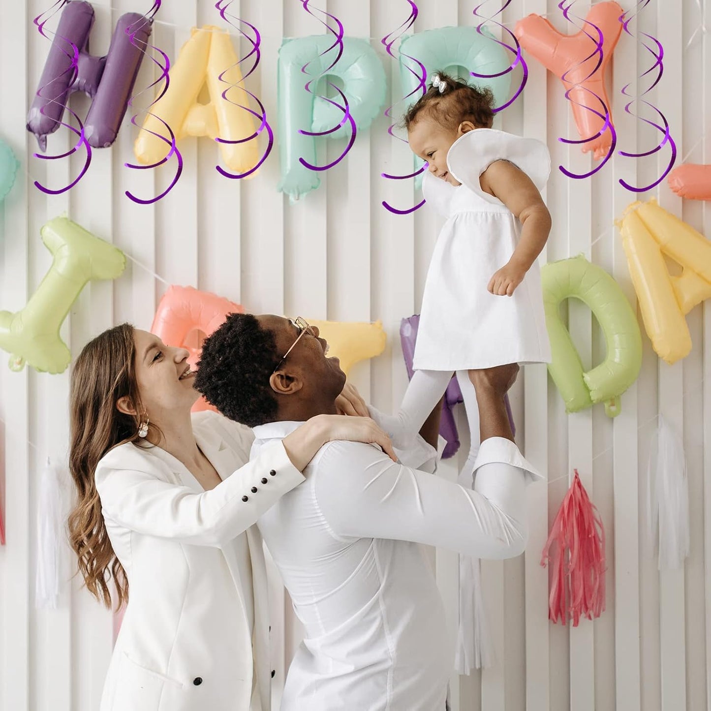 30 Pieces Iridescent White Hanging Swirls, Foil Swirl Hanging Decorations Plastic Steamers for Ceiling, Dangling Whirls Wedding Baby Shower Birthday Party Decorations