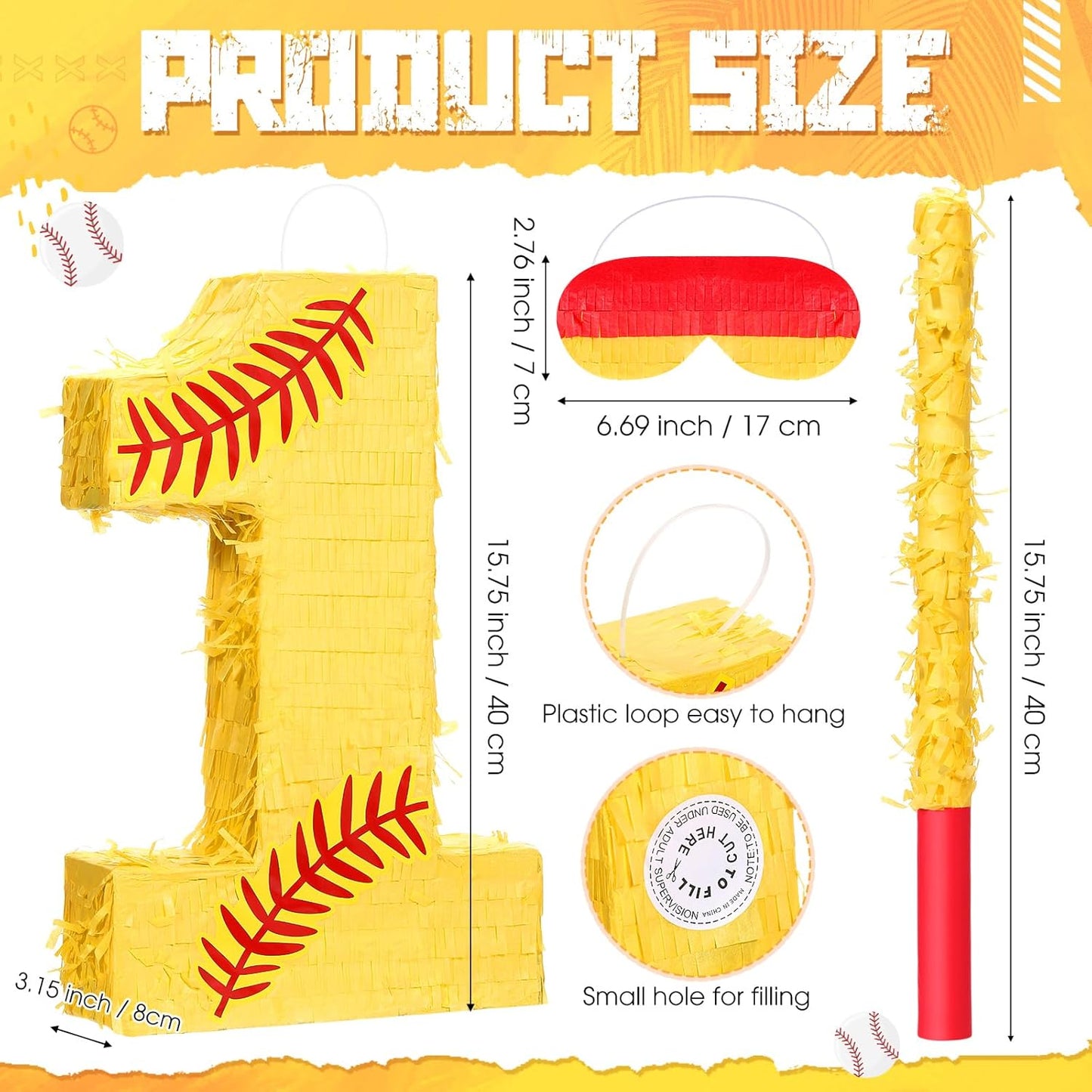 Soulchen Softball Number Piñata Set 16 Inch Yellow Softball Piñata with Blindfold Bat Confetti for Ball Sports Themed Birthday School Party Supplies Outdoor Game Decoration(Number 5)