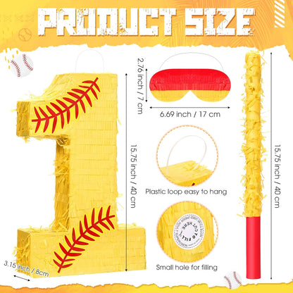 Soulchen Softball Number Piñata Set 16 Inch Yellow Softball Piñata with Blindfold Bat Confetti for Ball Sports Themed Birthday School Party Supplies Outdoor Game Decoration(Number 5)