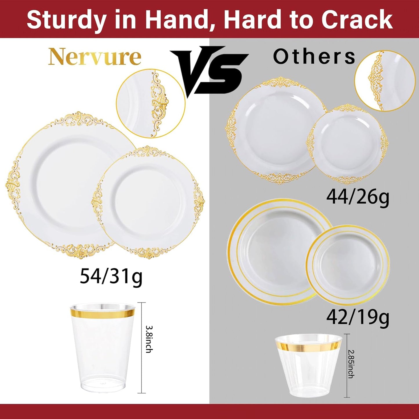 Nervure 350PCS Gold Plastic Plates - Gold Plastic Dinnerware Sets for 50 Guests - 100 Disposable Plates, 150 Silverware, 50 Cups, 50 Napkins for Wedding & Party & Mothers Day