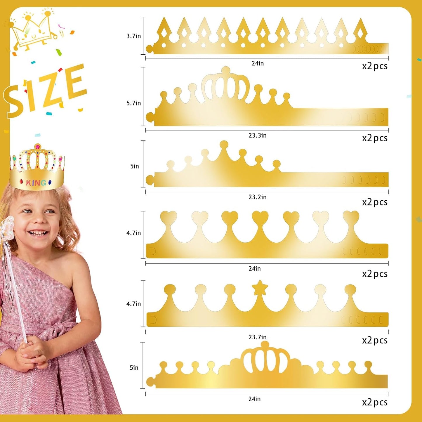 12 pcs Paper Crowns, Birthday Crowns Craft to Decorate with 8 Sheets Gem Jewels Number Letter Stickers, Gold Paper Prince Princess Hats for Party Favor Supplies