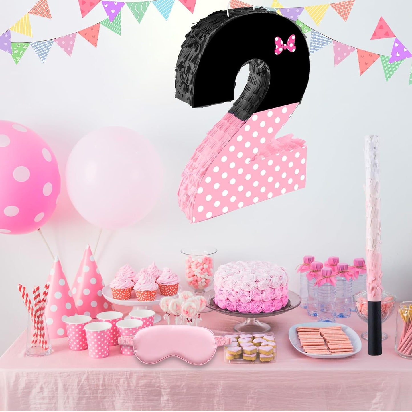15.7 x 11.5 x 3 Inch Pink Bow Number 2 Pinata,Pink Bow Birthday Decorations, Fillable Hanging Piñata with Stick Blindfold Confetti for Girls Boys 2nd Anniversary Party Decorations