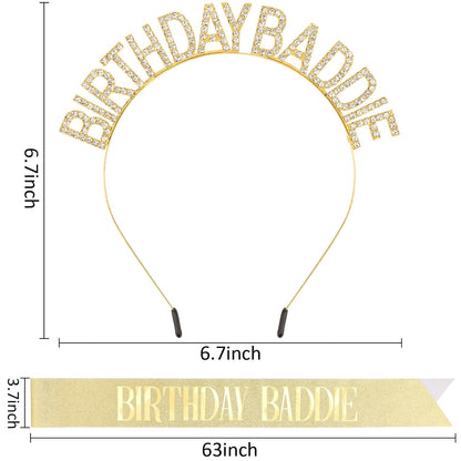 Aprince Birthday Baddie Sash and Tiara Crown for Women Girls Black Gold Happy Birthday Headband Accessiores Party Decorations