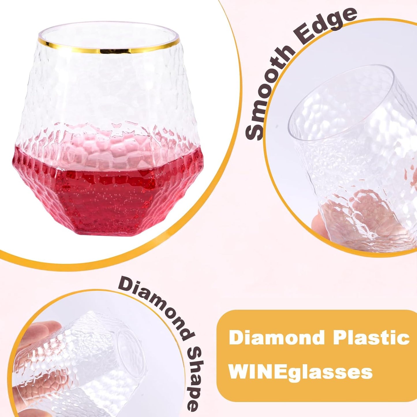 Goodluck 40 PCS Diamond Stemless Plastic Wine Whiskey Glasses, 12 Oz Disposable Cocktail Glasses, Suitable for Weddings, Birthday Parties, Family Gatherings, Bars, etc （Gold rimmed cups）